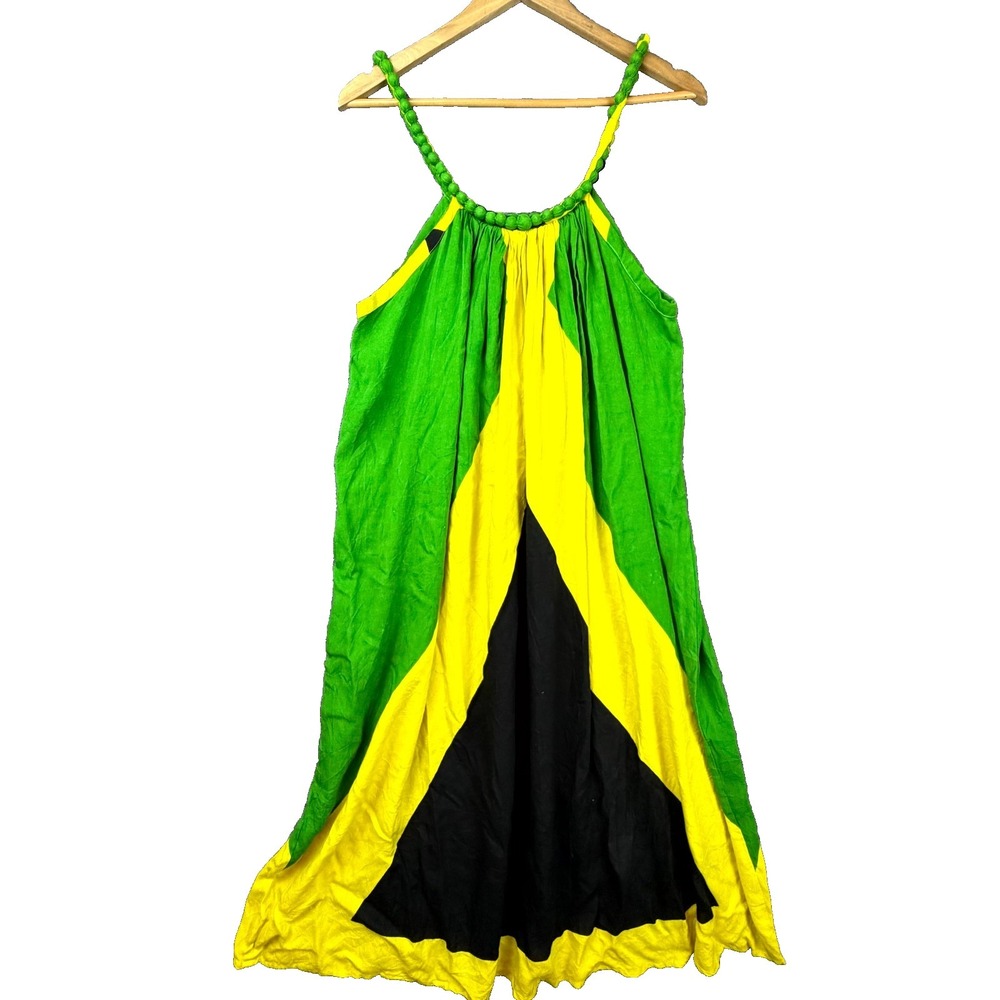 Revue Jamaican Flag Dress Womens Free Size Green Yellow Boho Vacation Maxi